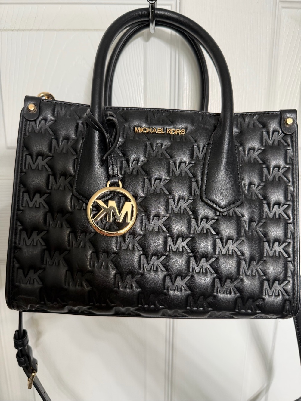 Michael Kors Black Quilted MK Embossed Satchel with Gold Accent